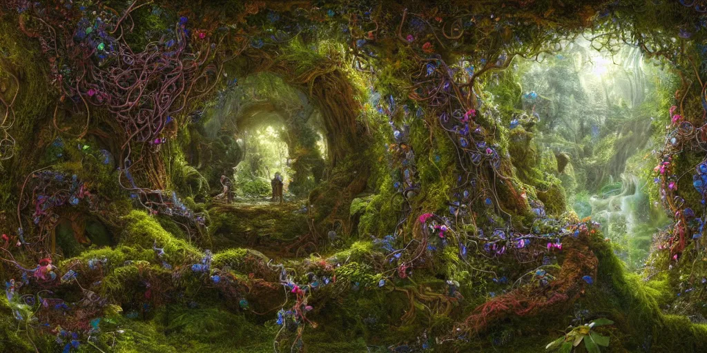 Image similar to a beautiful and highly detailed digital painting of a portal to fairyland, iridescent crystals, moss, multicoloured vines, tangled, the secret garden. intricate details, epic scale, hyperdetailed, hyperrealism,, artstation, cgsociety, 8 k, sharp focus, by caspar friedrich, albert bierstadt, james gurney, brian froud,