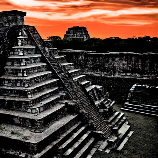 Image similar to sunset over the ruins of the Mayan pyramids, epic, high contrast, sharp focus, landscape