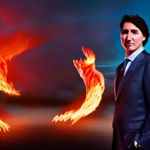 Image similar to Justin Trudeau breathing fire like a dragon at his enemy across from him President Obama, Studio lighting, shallow depth of field. Professional photography City at night in background, lights, colors,4K