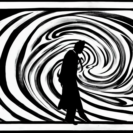 Image similar to mysterious time traveling man, painted in black and white, swirls