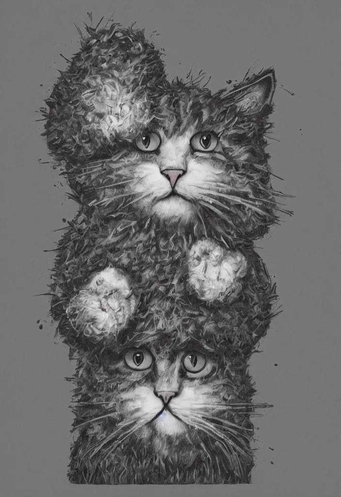 Image similar to fluffy cat with an afro comb t - shirt design, by jules julien, kaws, dark grisaille monochrome neon spraypaint, ironic surrealism, hypebeast