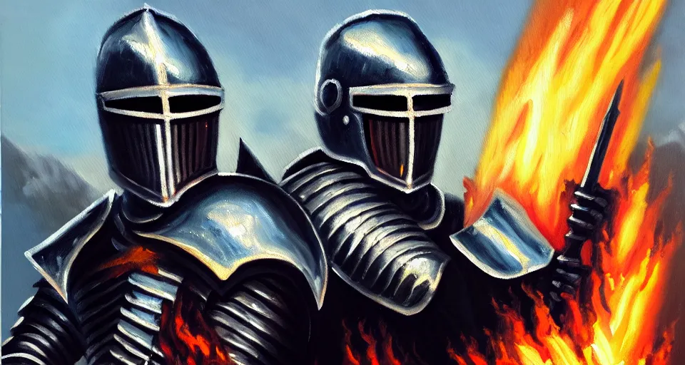 Image similar to An oil painting of a knight in dark metal armor wielding a flaming sword