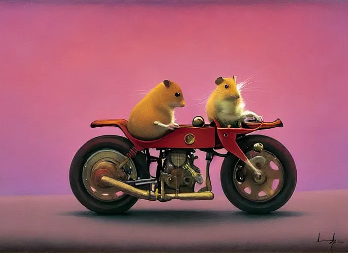 Image similar to a cute hamster riding a motorcycle, Edward Hopper and James Gilleard, Zdzislaw Beksinski, Mark Ryden, Wolfgang Lettl highly detailed