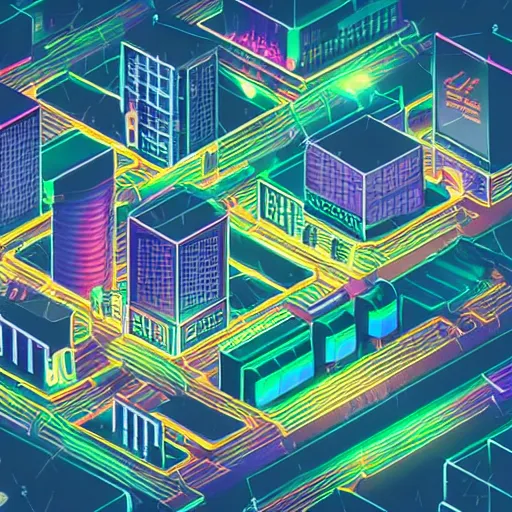 Prompt: isometric neon city at night rainy lamp posts few people in the future capital city