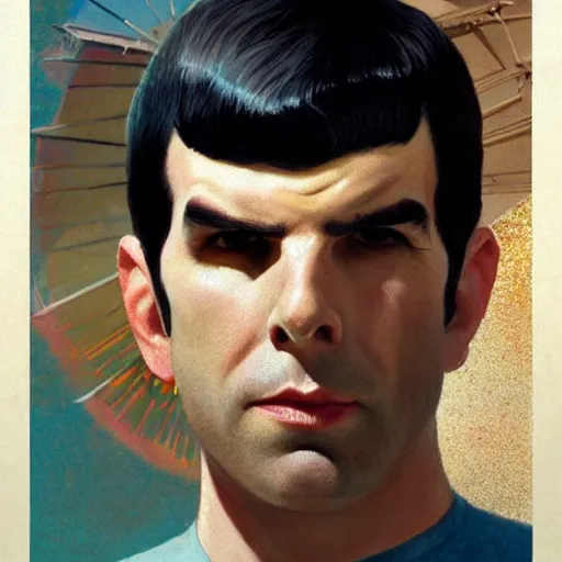 Image similar to portrait of ZACHARY QUINTO SPOCK posing for fashion magazine, beach, sun shining, (SFW) safe for work, photo realistic illustration by greg rutkowski, thomas kindkade, alphonse mucha, loish, norman rockwell