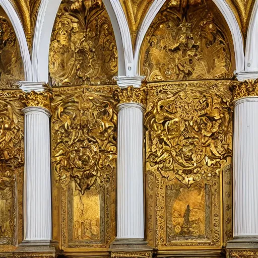 Image similar to ornate marble and gold wall, full of paintings of angels, highly detailed