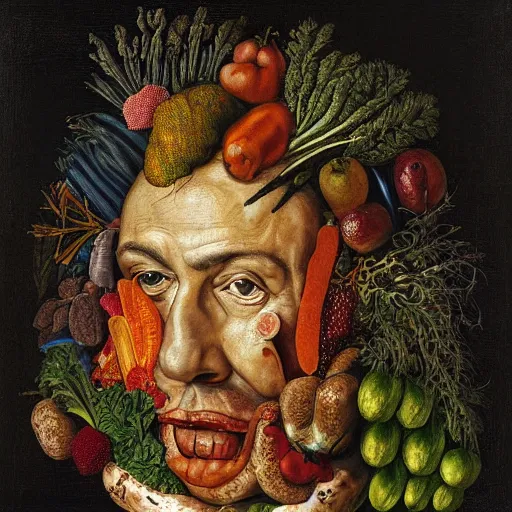 Prompt: portrait of benjamin netanyahu made of vegetables fruits flowers, vanitas, memento mori, by giuseppe arcimboldo