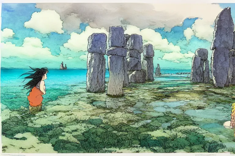 Prompt: a hyperrealist studio ghibli watercolor fantasy concept art. in the foreground is a giant lifting a stone. in the background is stonehenge. the scene is underwater on the sea floor. by rebecca guay, michael kaluta, charles vess