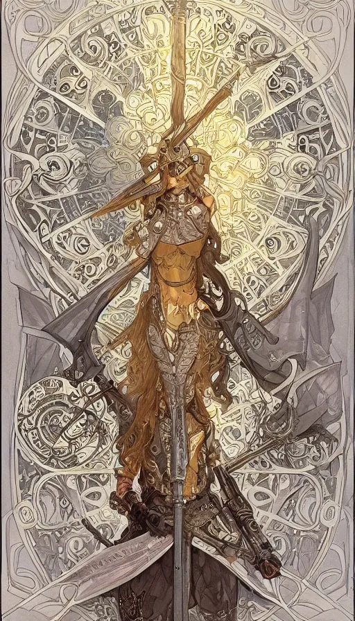 Image similar to soldiers in silver armor, highly detailed, very intricate, art nouveau, gold filigree, left right symmetry, tarot concept art watercolor illustration by mandy jurgens and alphonse mucha and alena aenami, featured on artstation