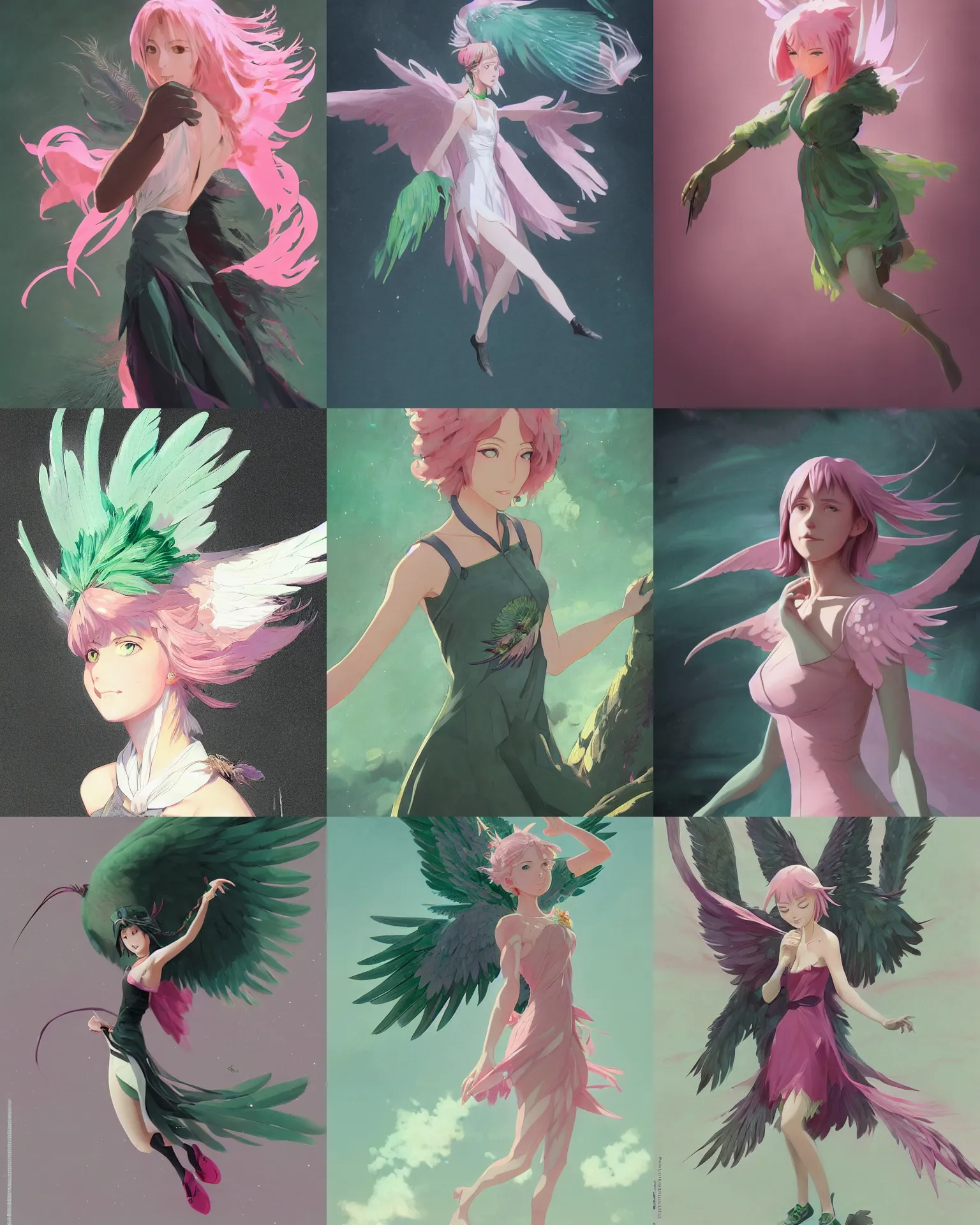 Prompt: happy young woman with wings, medium length pink hair, green feathers on arms, detailed perfect face, exquisite details, mid view, design on a black background, by studio muti, greg rutkowski makoto shinkai takashi takeuchi studio ghibli