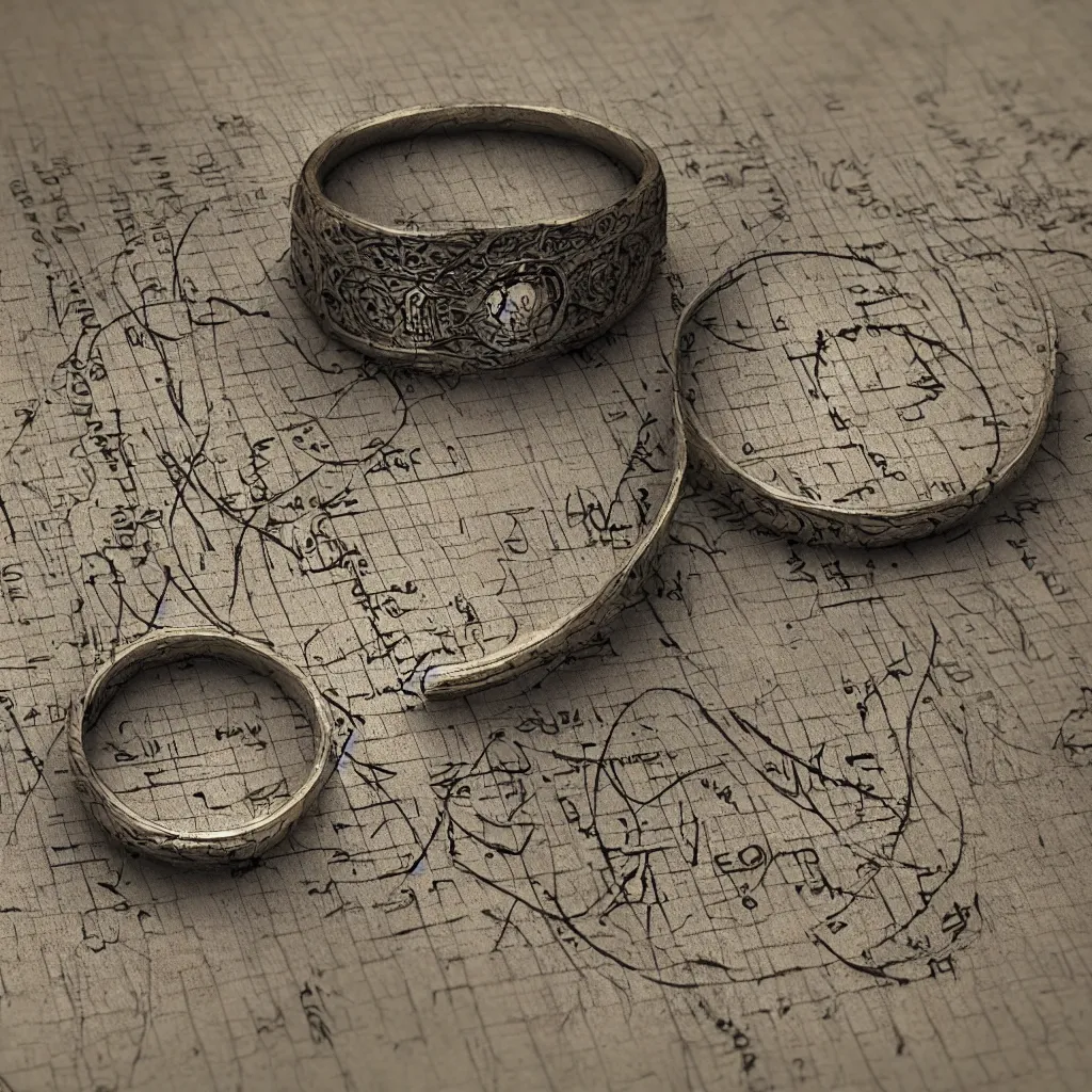 Image similar to the ring from lord if the rings with an imprinted ruler, cm scale imprinted on the inside of the ring, one ring to rule them all, highly detailed, 8 k, trending on artstation, mystic, rpg artwork