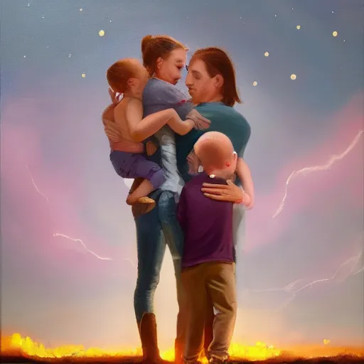 Prompt: A family hugging each other for the last time as the world is ending, meteors are falling from the sky, everything is on fire, dramatic lighting, oil on canvas, dramatic brushstrokes, very very very very very very beautiful, 8K, dark lighting, trending on Artstation, award winning