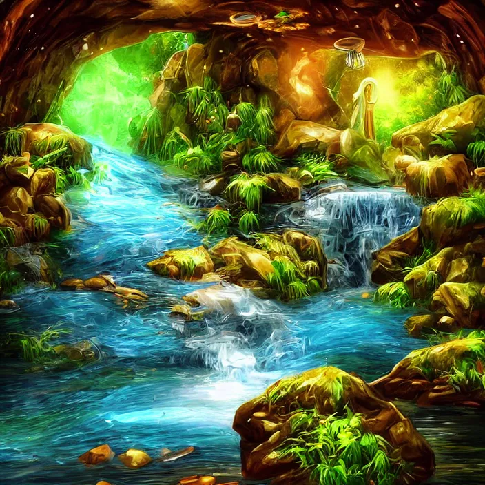 Prompt: Waterfall with treasure hidden behind the water stream, fantasy art style, glowing chest