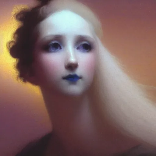 Image similar to a young woman's face, her hair is white and she wears an indigo blue satin cloak, by ivan aivazovsky and syd mead and moebius and gaston bussiere and roger dean and pieter claesz and paul delaroche and alma tadema and aelbert cuyp and jan heem, hyperrealistic, volumetric light, octane render