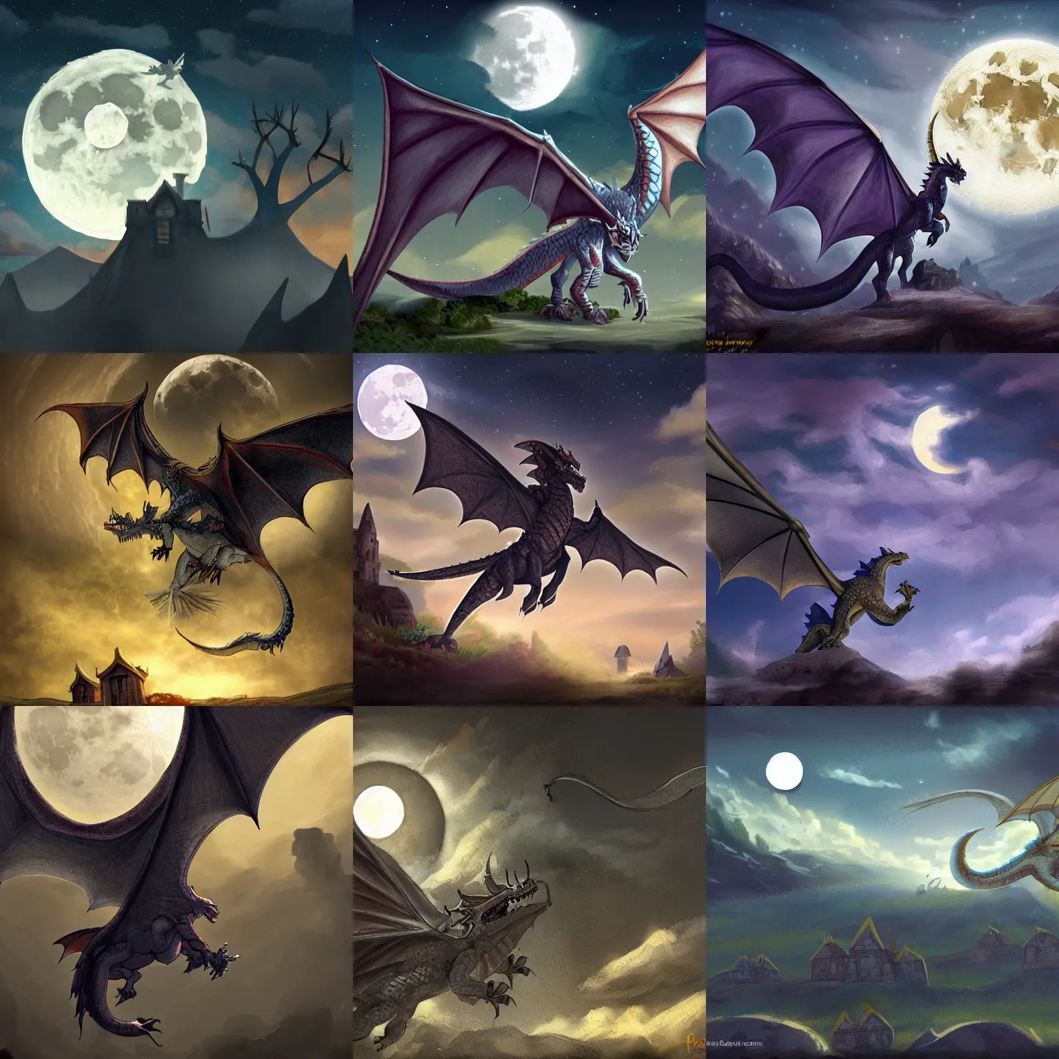 Prompt: looking up at a dnd dragon flying in front of the moon over a small village, fantasy art, concept art, dnd