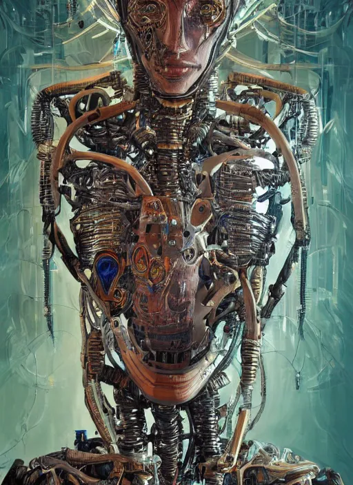 Prompt: a hyper - detailed fine painting of a synthetic humanoid cyborg hybrid half cybernetic and half made of plants and wood, concept art magical highlight, full color tribal and technologic art, variations and fulcolor futuristic