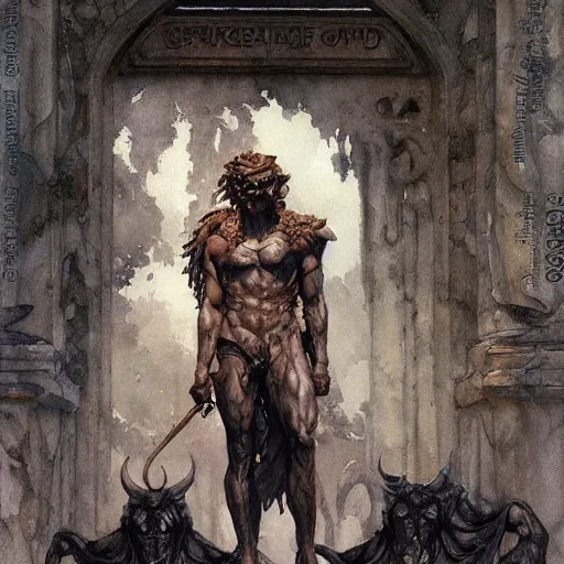 Image similar to Roguish Picaro Dsurion stands at the gates of Hades Hand Crafted By Rodin. Painting by greg rutkowski Donato Giancola Jeff Simpson norman rockwell stamp watercolor