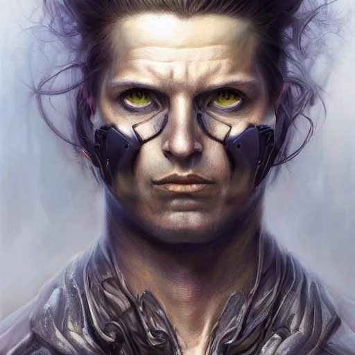 Image similar to portrait, augmented cybernetic male metal band member, stern expression, long hair, highly detailed, digital painting, artstation, concept art, smooth, sharp focus, illustration, artgerm, tomasz alen kopera, peter mohrbacher, donato giancola, joseph christian leyendecker, wlop, frank frazetta