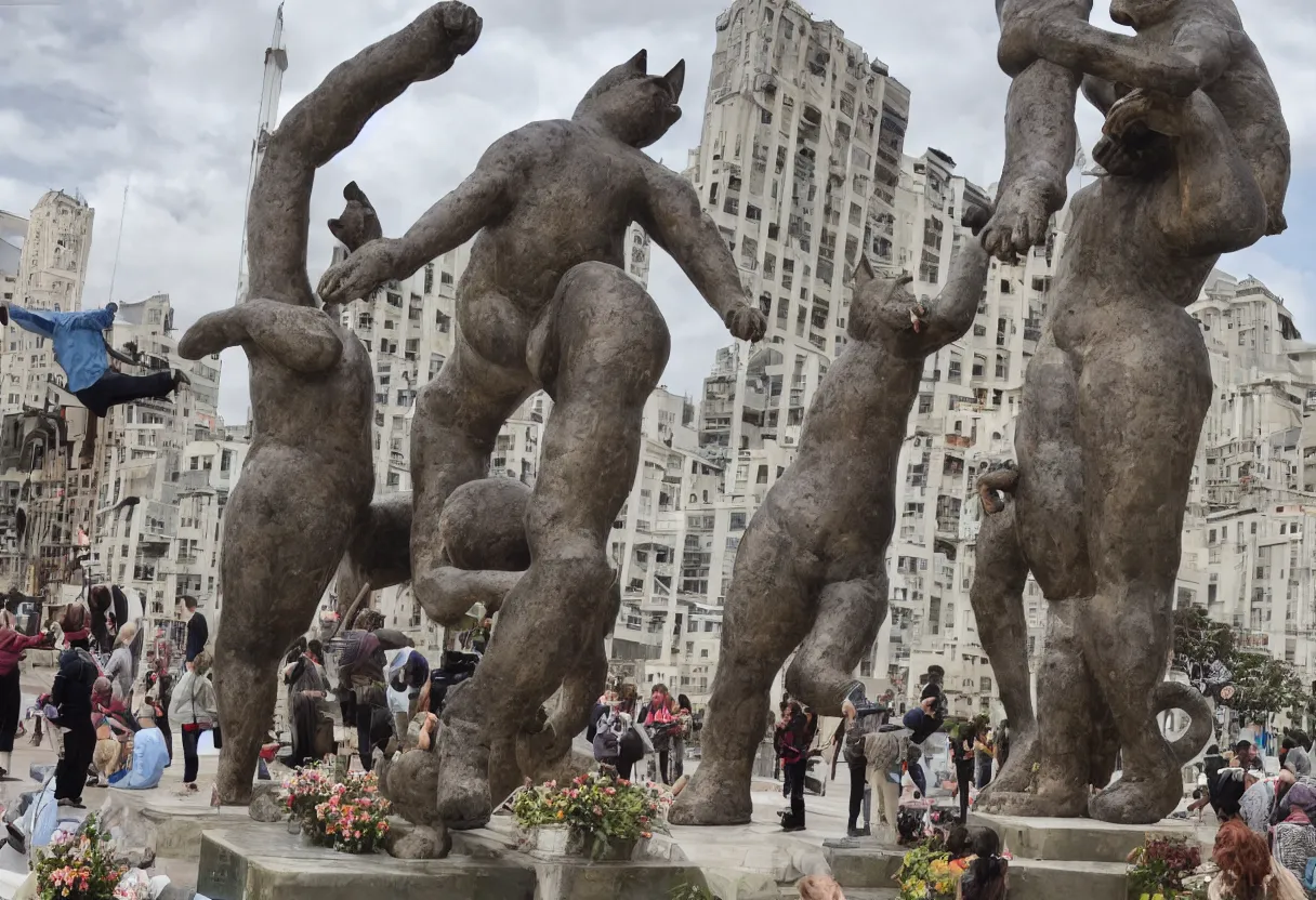 Prompt: humans bowing down and worshipping a giant statue of a cat