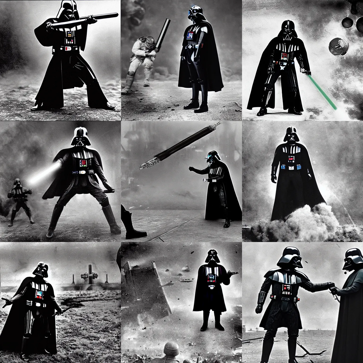 Prompt: Darth Vader fighting aliens in World War I, archived photograph