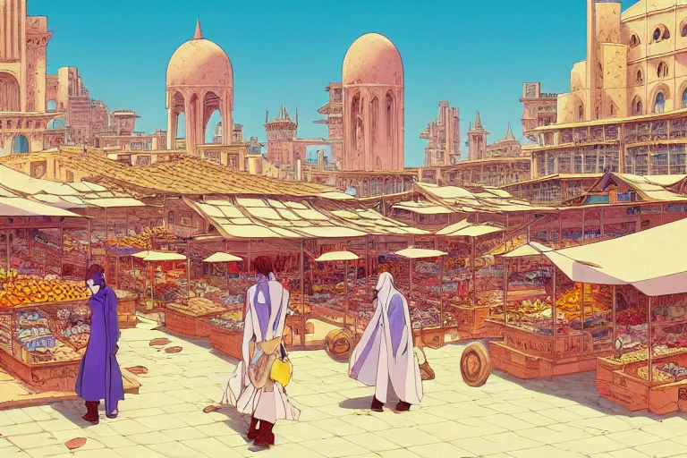 Image similar to cel-shaded study of a marketplace in a desert city with late renaissance buildings in the background, key visual with intricate linework, in the style of moebius, ayami kojima, 90's anime, retro fantasy