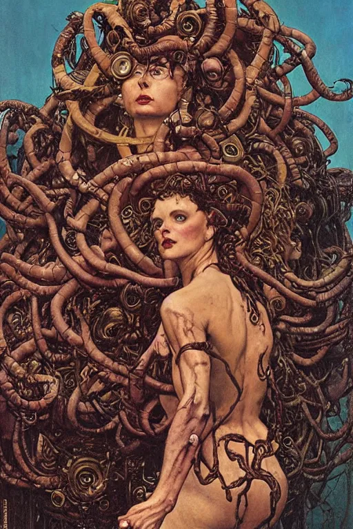 Image similar to full length portrait of insane medusa, dynamic, painted by lawrence alma tadema, zdzislaw beksinski, norman rockwell, jack kirby, tom lovell, alex malveda, greg staples, hand of fear, bbc, tv