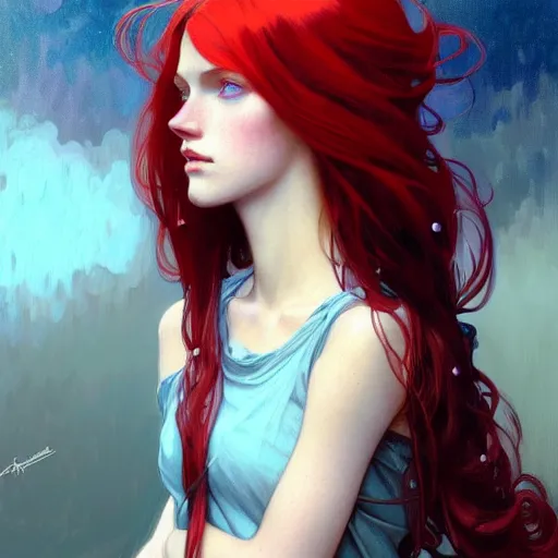 Prompt: portrait of teenage girl with long glossy red hair, blue eyes, fashion model features, fantasy, intricate, elegant, dress shirt and tie, highly detailed, digital painting, artstation, concept art, smooth, sharp focus, illustration, art by Krenz Cushart and Artem Demura and alphonse mucha