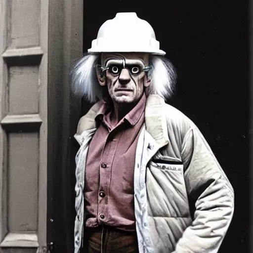 Prompt: a man who looks like christopher lloyd as doc brown back to the future, wearing a construction hat - h 7 6 8