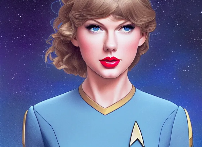 Image similar to a disney film still of taylor swift as a star trek officer, finely detailed features, closeup of the face, perfect art, dusk, blue hour, gapmoe yandere grimdark, trending on pixiv fanbox, painted by greg rutkowski, makoto shinkai, takashi takeuchi, alphonse mucha, akihiko yoshida