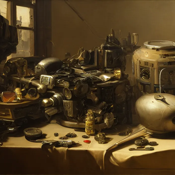 Image similar to still life painting of cyberpunk technology by pieter claesz, oil on canvas, strong lighting, highly detailed, hyper realism, golden hour, god rays, hd, 4 k