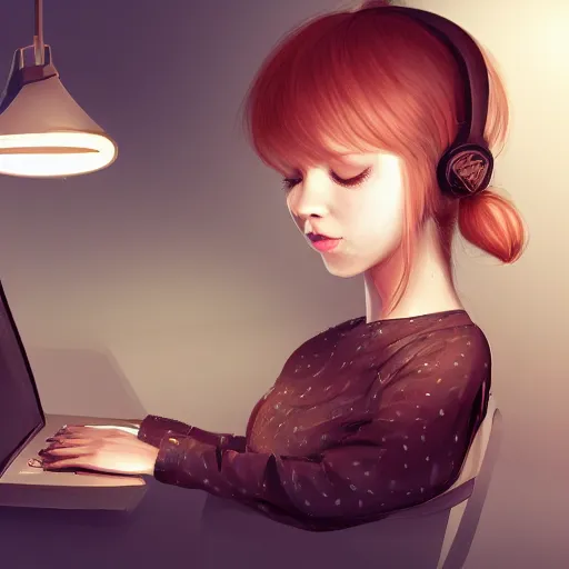 Prompt: finnish girl in pyjamas working on computer, tired bags around eyes, digital art, artstation