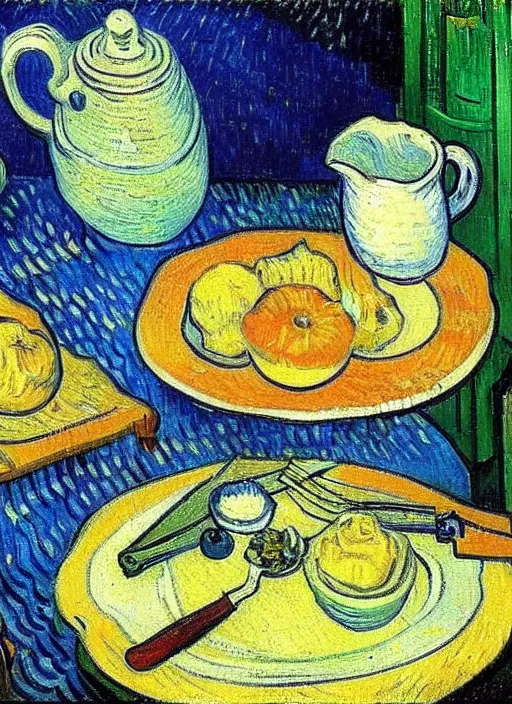 Image similar to good morning, van gogh painting breakfast on a canvas, painting by vincent van gogh, paul gauguin