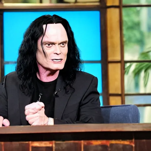 Image similar to Tommy Wiseau as a guest on the TV show Spencer's BIG 30