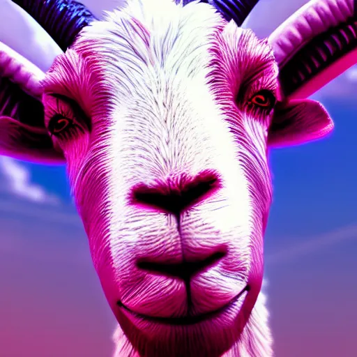 Image similar to synthwave goat face, detailed face, sharp focus, synthwave art, aesthetic, octane render