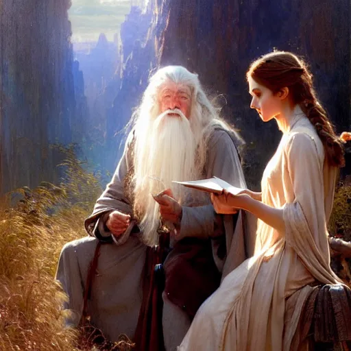 Image similar to gandalf and emma watson studying magic, highly detailed painting by gaston bussiere, craig mullins, j. c. leyendecker 8 k