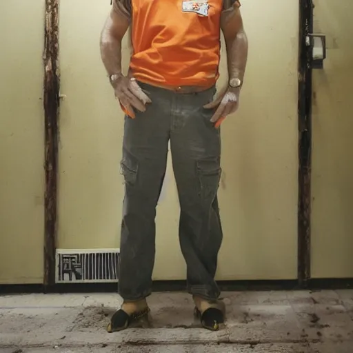 Image similar to donald trump in prison, orange prisonner uniform, photography, medium shot, filthy and humid prison, natural prison light, by terry richardson