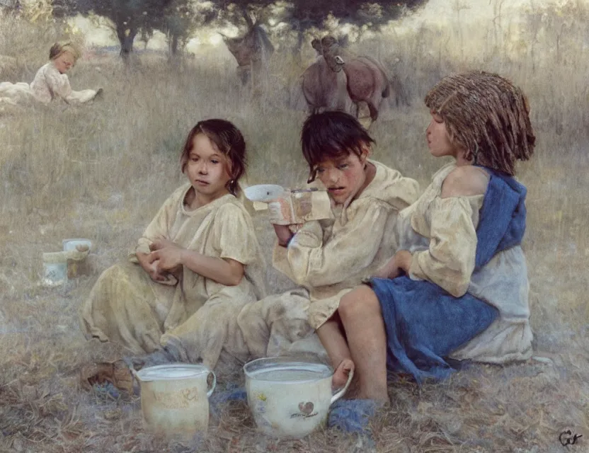 Image similar to portrait of peasant kids drinking milk, cottage core, cinematic focus, polaroid photo bleached vintage pastel colors high - key lighting, soft lights, foggy, by steve hanks, by lisa yuskavage, by serov valentin, by tarkovsky, 8 k render, detailed, oil on canvas