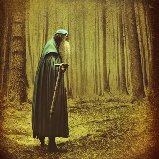 Image similar to magical wizard in forest, dusty colorized photo from the 70s