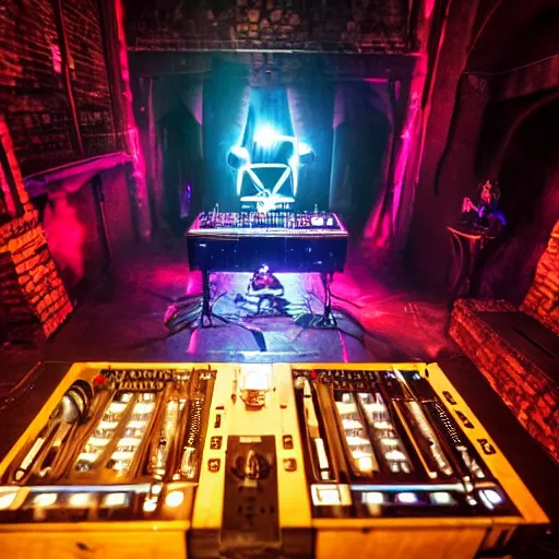 Image similar to a dj set with tourntable in a fantasy dungeon