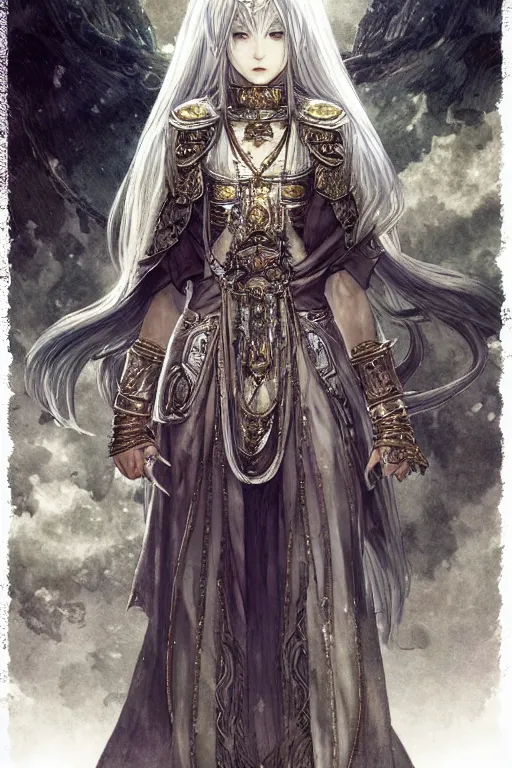 Prompt: A full body portrait of a female priestess with long silver hair by Akihiko Yoshida, fantasy, very detailed, tone mapping