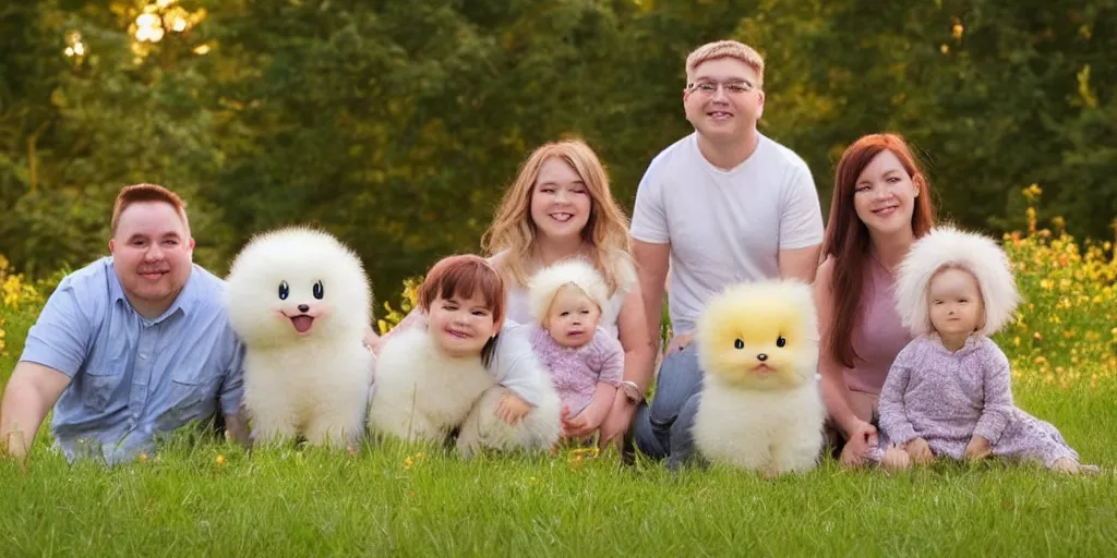 Prompt: real life pokemon family photo, cute!!!, chuncky!!!, adorable!!!, fluffy!!!, ultra realistic!!!, golden hour, sharp focus