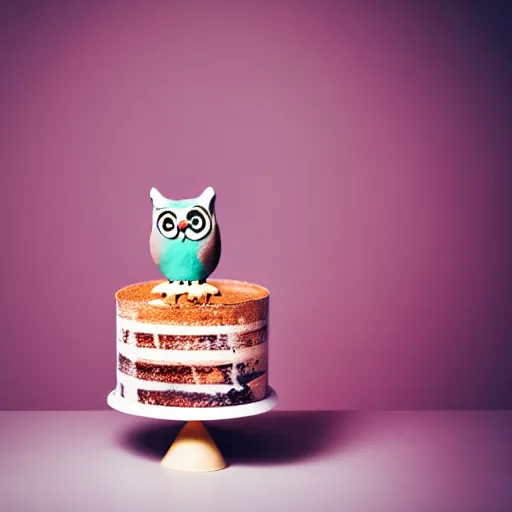 Image similar to photo of a cake, cat decoration, owl decoration, studio lighting, sharp focus