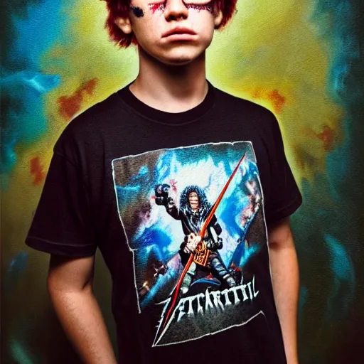 Image similar to portrait of modern teenage boy in a metallica t - shirt painting warhammer 4 0 k figurines, depth of field, zeiss lens, detailed, centered, fashion photoshoot, by nicoletta ceccoli, mark ryden, lostfish, breathtaking, 8 k resolution, extremely detailed, beautiful, establishing shot, artistic, hyperrealistic, octane render