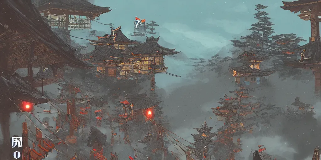 Prompt: A cat ninja jumping off Torii, holding a tachi refeclting moonlight, several dog samurais in distance running toward camera, Ghost of Tsushima, hyperdetailed, cinematographic, dynamic scene, wide angle camera, trending on Artstation, unreal engine, by Marc Simonetti