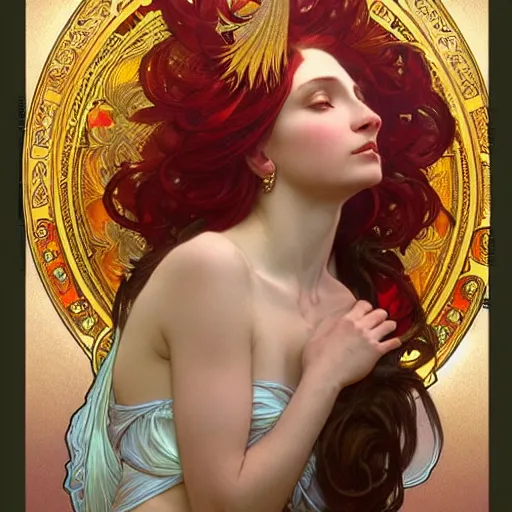 Image similar to a beautiful orchid phoenix angel woman, in an ornamented dress with large, volumetric light, god rays, 8 k high resolution, rubies, by alphonse mucha, artgerm, greg rutkowski