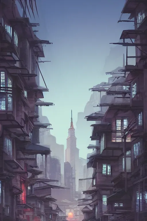 Image similar to backlane alley with kuala lumpur twin towers in the background, evening, highly detailed matte painting, studio ghibli, artstation