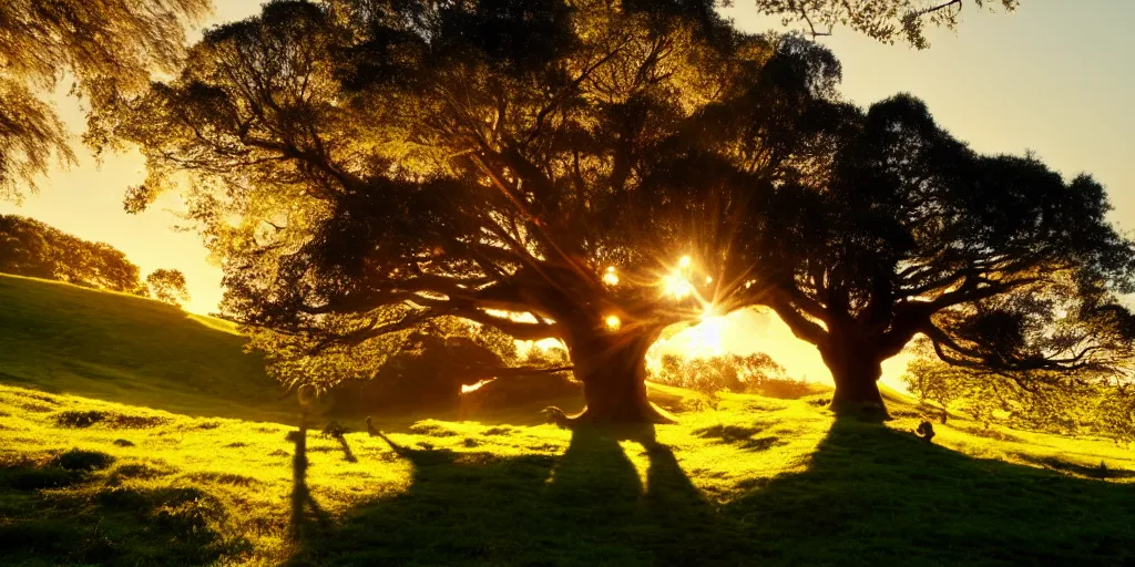 Image similar to magical hobbits shire. big old tree above. golden hours