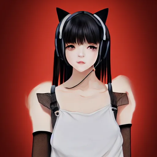 Image similar to realistic detailed semirealism beautiful gorgeous natural cute excited happy Blackpink Lalisa Manoban black hair black cat ears, wearing white camisole outfit, headphones, black leather choker artwork drawn full HD 4K high resolution quality artstyle professional artists WLOP, Aztodio, Taejune Kim, Guweiz, Pixiv, Instagram, Artstation