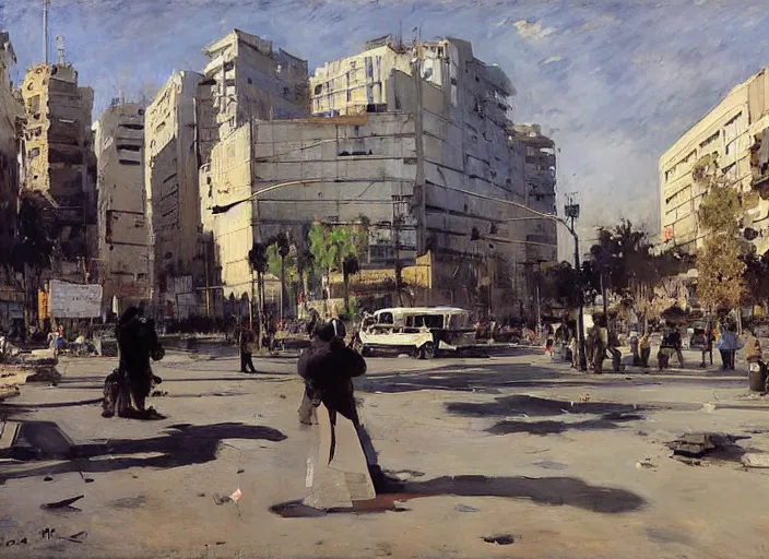 Prompt: a man protesting in a dystopian santiago de chile paseo ahumada by john berkey and manet