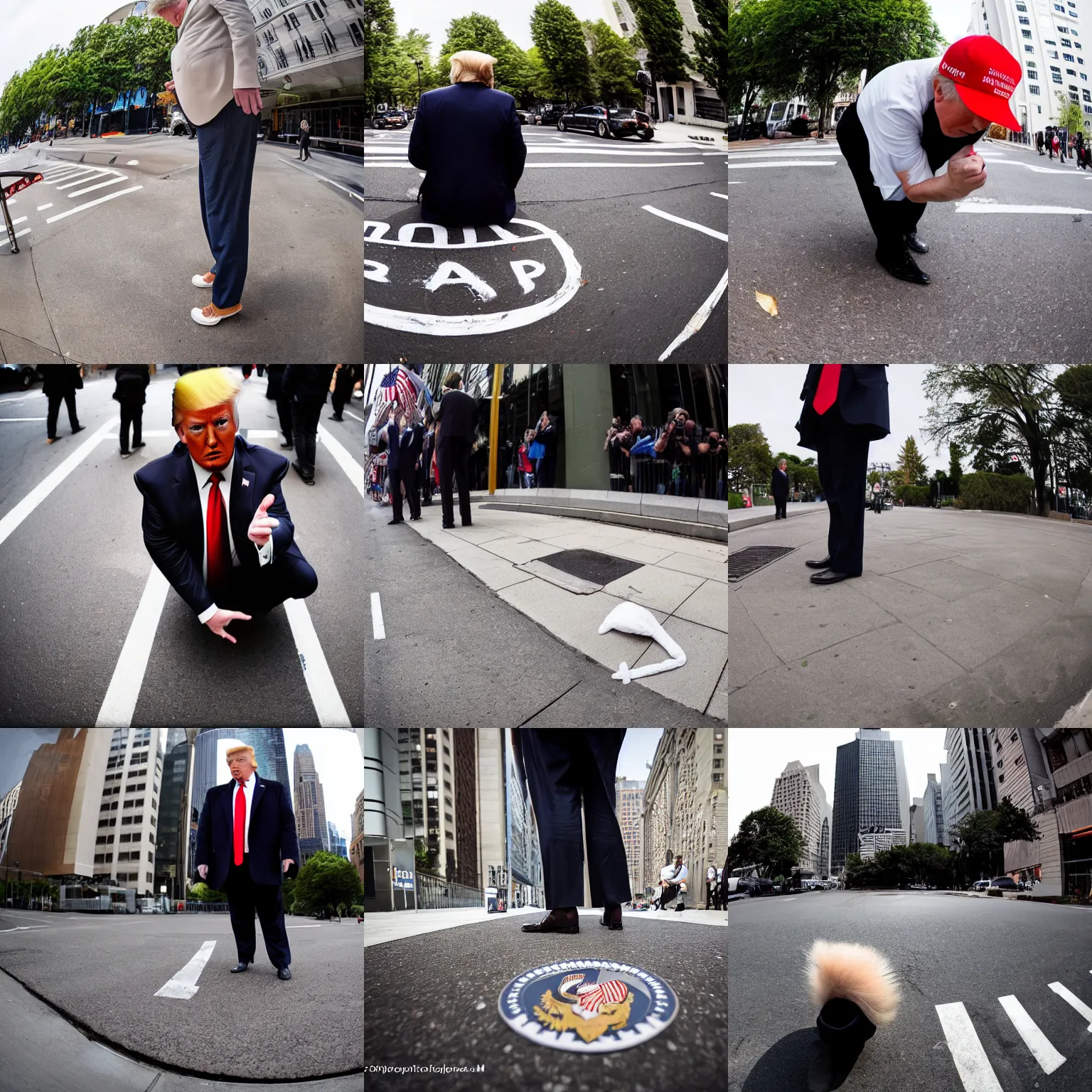 Prompt: photograph of Donald Trump pooping on the sidewalk, fisheye lens
